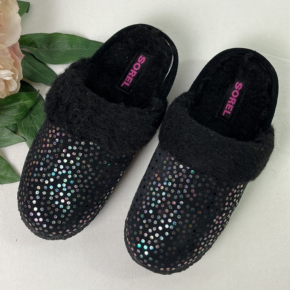 NWOB Sorel Youth Black Iridescent Suede Nakiska II Slide Slipper Size Big Kid 3 - Picture 2 of 4